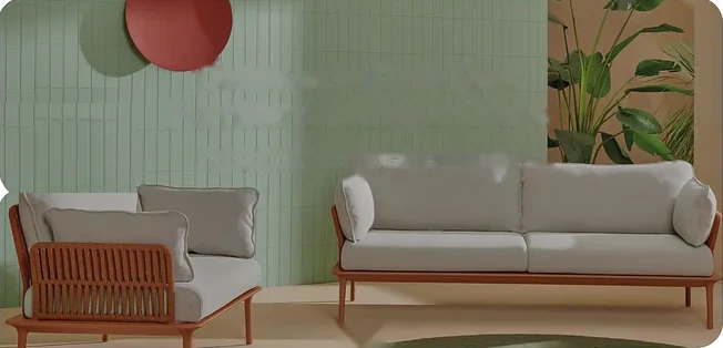 Kursi dan sofa berangka kayu di ruang bernuansa hijau